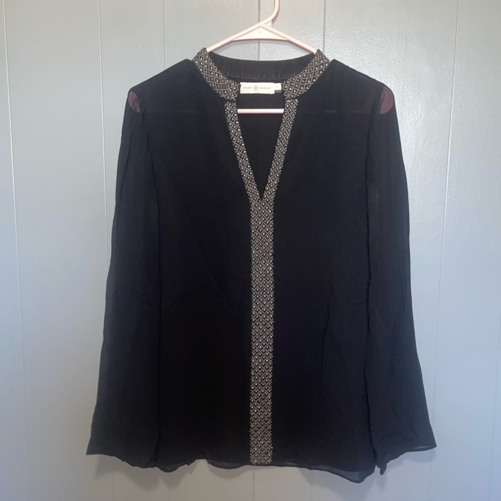 Tory Burch Black Chiffon Silk Beaded Blouse Size 4 - Picture 1 of 7